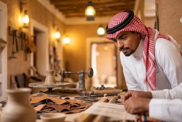 رجل سعودي بالزي التقليدي في ورشة عمل فخار تراثية