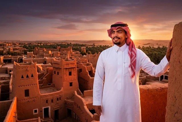 رجل سعودي بالزي التقليدي في قرية تراثية وقت الغروب
