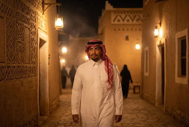 رجل سعودي بالثوب التقليدي في ممر قرية تراثية ليلاً