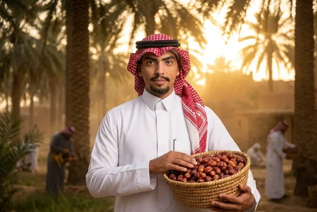 رجل سعودي يحمل سلة تمور طازجة في مزرعة نخيل وقت الغروب
