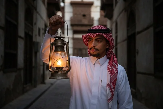 رجل سعودي يحمل فانوساً مضيئاً في زقاق تاريخي ليلاً