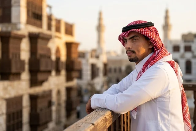 رجل سعودي بالزي التقليدي في منطقة البلد التاريخية بجدة