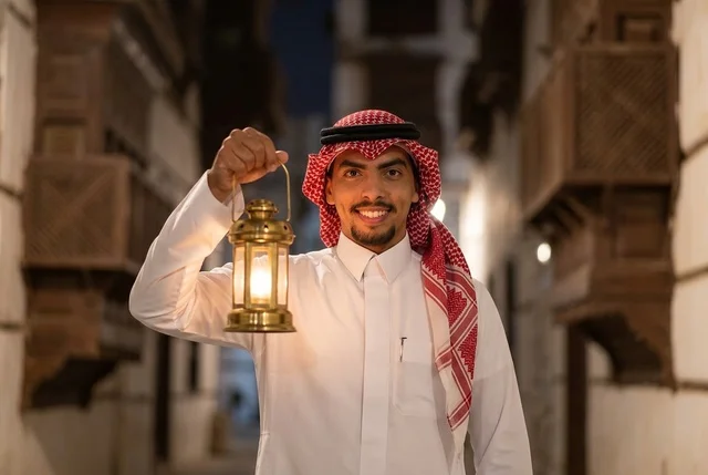رجل سعودي يحمل فانوس رمضان مضيء في شارع تراثي