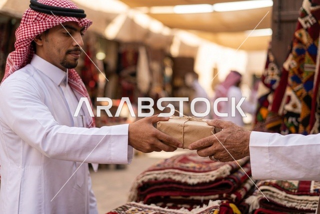 رجل سعودي يرتدي الثوب يتبادل هدية في سوق شعبي تراثي