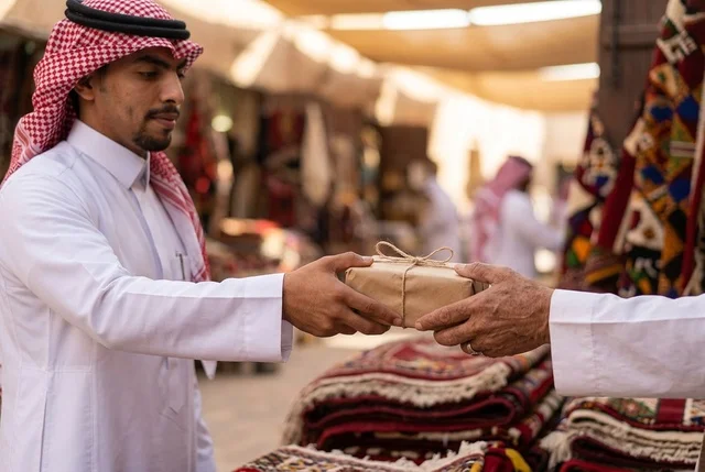 رجل سعودي يرتدي الثوب يتبادل هدية في سوق شعبي تراثي
