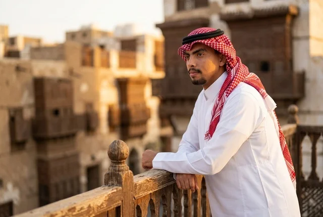 شاب سعودي بالثوب التقليدي على شرفة في تاريخية جدة