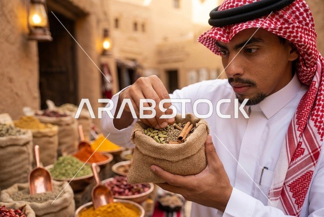رجل سعودي يتفحص البهارات في سوق تراثي شعبى