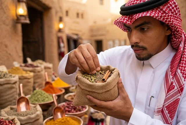 رجل سعودي يتفحص البهارات في سوق تراثي شعبى