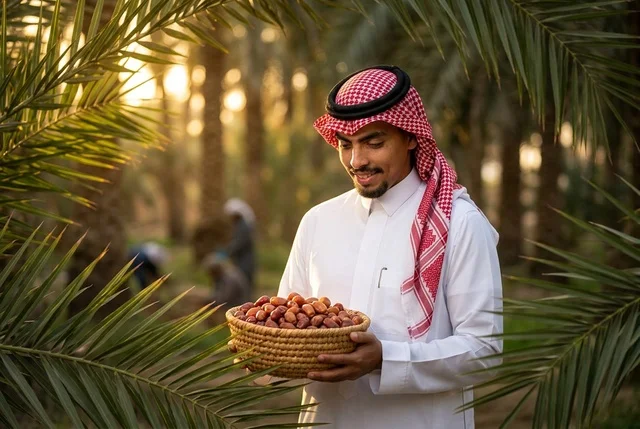 مزارع سعودي في مزرعة نخيل مع سلة تمور