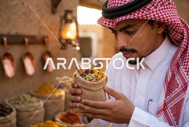 رجل سعودي يحمل كيس بهارات في سوق شعبي