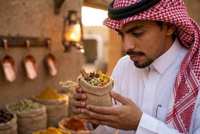 رجل سعودي يحمل كيس بهارات في سوق شعبي