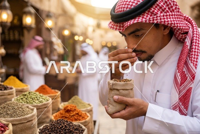 رجل سعودي يرتدي الغترة يستنشق البهارات في سوق شعبية