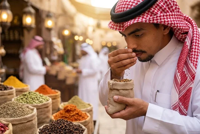 رجل سعودي يرتدي الغترة يستنشق البهارات في سوق شعبية