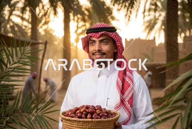 رجل سعودي يحمل سلة من التمور الطازجة في مزارع النخيل