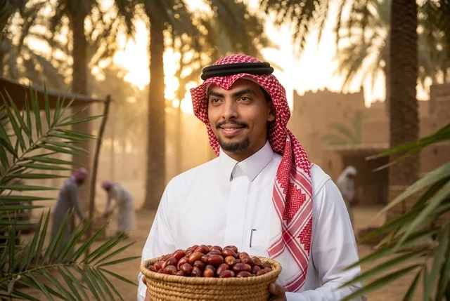 رجل سعودي يحمل سلة من التمور الطازجة في مزارع النخيل