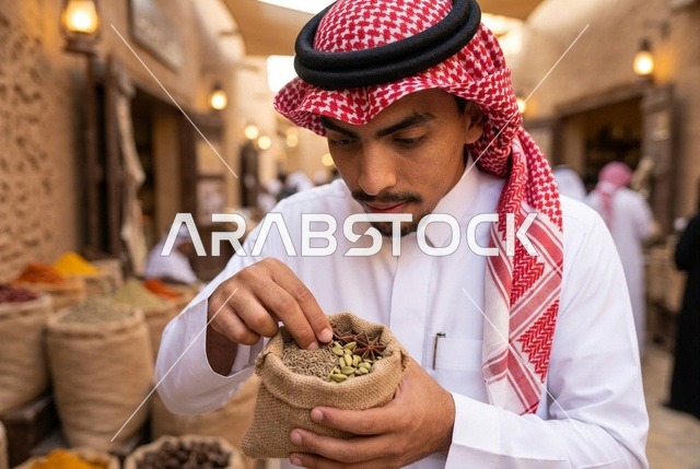 رجل عربي يتفحص البهارات والتوابل في سوق شعبي تقليدي
