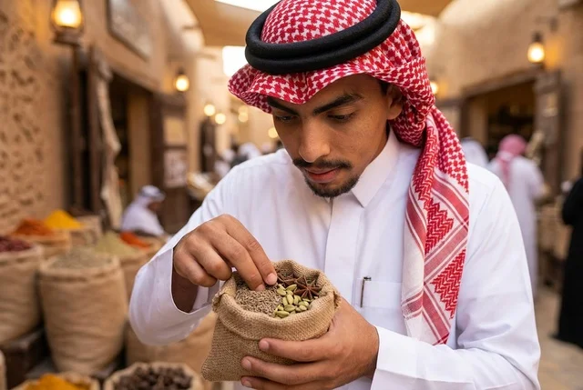رجل عربي يتفحص البهارات والتوابل في سوق شعبي تقليدي