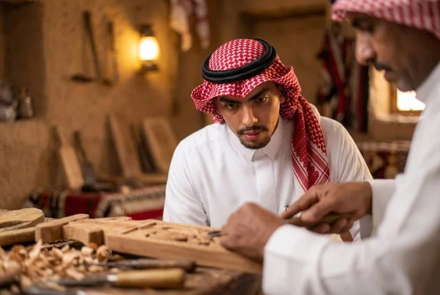 حرفي سعودي يعلم شاب طريقة نحت الخشب في ورشة تراثية حرفي سعودي يعلم شاب طريقة نحت الخشب في ورشة تراثية