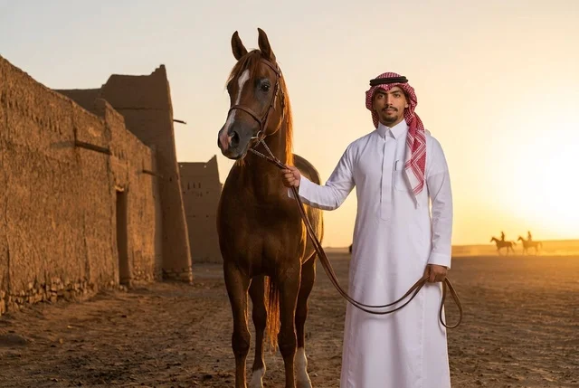 رجل سعودي مع خيل عربي وقت الغروب