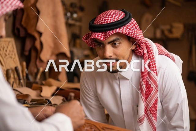 رجل سعودي يراقب عمل حرفي تقليدي في ورشة جلود