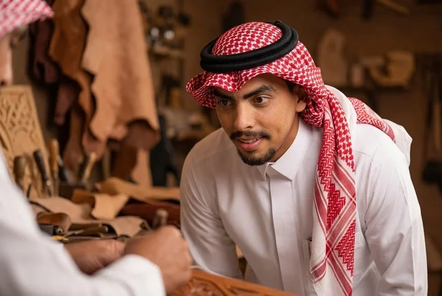 رجل سعودي يراقب عمل حرفي تقليدي في ورشة جلود