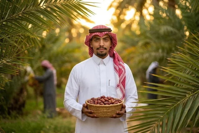 مزارع سعودي يحمل سلة من التمر الطازج في مزرعة النخيل