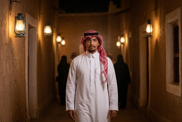 رجل سعودي بالزي التقليدي في قرية تراثية وقت الغروب