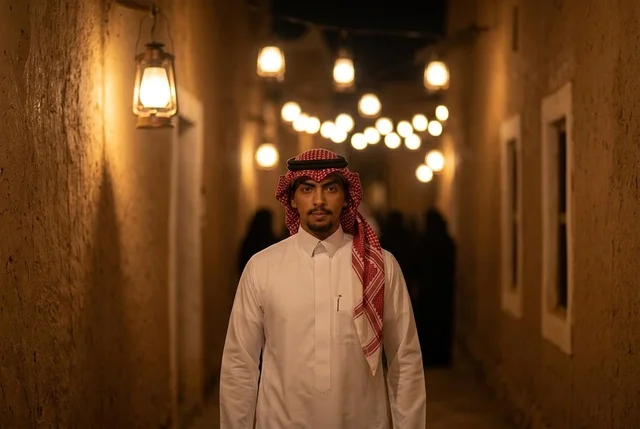 رجل سعودي بالزي التقليدي في قرية تراثية وقت الغروب