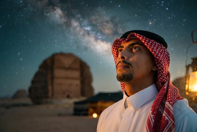 Saudi Man Stargazing Under Milky Way Night Sky in AlUla