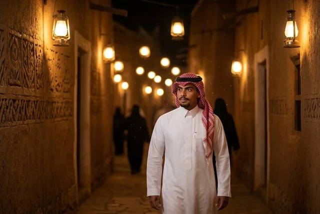 A Saudi man in traditional attire in a heritage village at sunset.