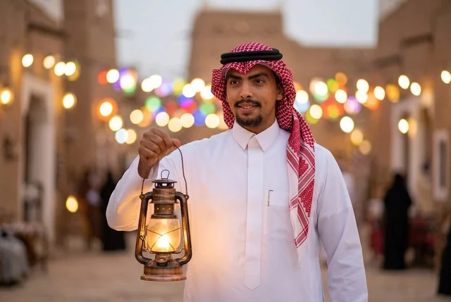 رجل سعودي يرتدي الزي التقليدي ويحمل فانوس رمضان