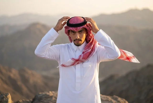 شاب سعودي بالثوب والشماغ على قمة جبل وقت الغروب