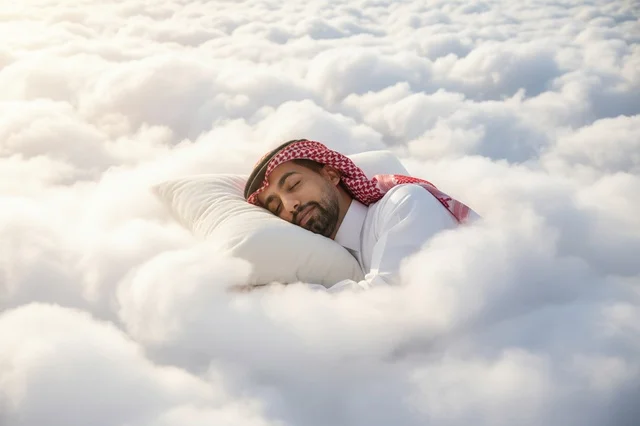 رجل عربي يرتدي الشماغ ينام بسلام على وسادة في الغيوم