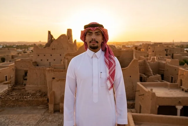 شاب سعودي في حي الطريف التاريخي بالدرعية وقت الغروب
