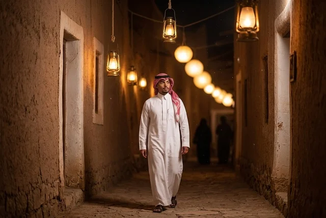 رجل سعودي بالزي التقليدي في قرية تراثية وقت الغروب