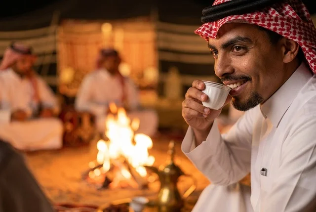 رجل سعودي يشرب القهوة العربية التقليدية في المخيم
