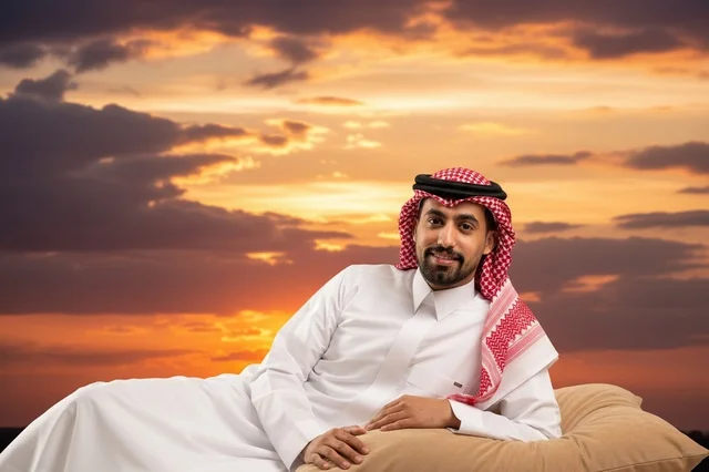 رجل سعودي بالثوب والشماغ التقليدي مسترخيا وقت الغروب