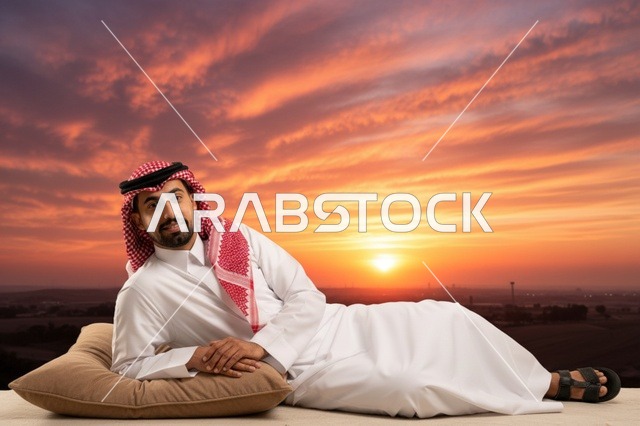 رجل سعودي يرتدي الثوب التقليدي يستلقي وقت غروب الشمس