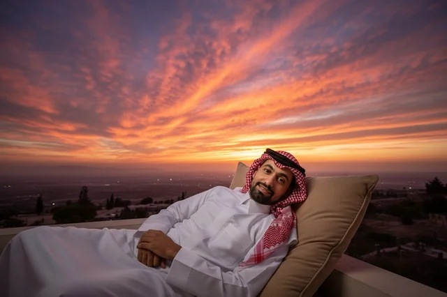 رجل سعودي يسترخي في جلسة خارجية مريحة وقت الغروب