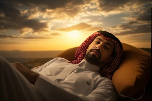 رجل سعودي باللباس التقليدي يستلقي وقت غروب الشمس رجل سعودي باللباس التقليدي يستلقي وقت غروب الشمس