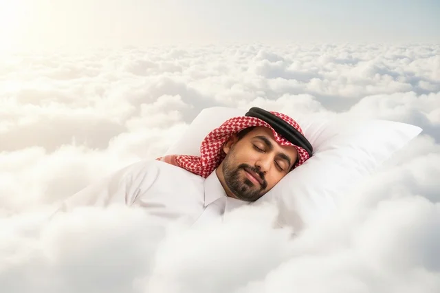 رجل عربي يرتدي الشماغ ينام بسلام على وسادة في الغيوم
