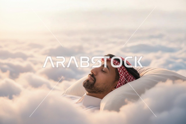 رجل عربي يرتدي الشماغ ينام بسلام على وسادة في الغيوم