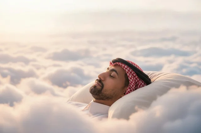 رجل عربي يرتدي الشماغ ينام بسلام على وسادة في الغيوم