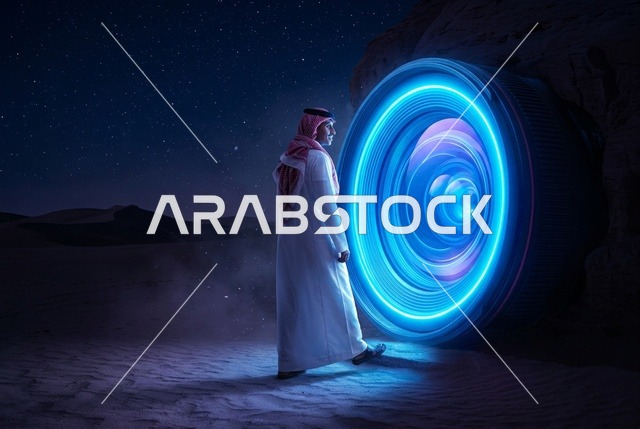 رجل سعودي في الصحراء أمام عدسة كاميرا عملاقة مضيئة