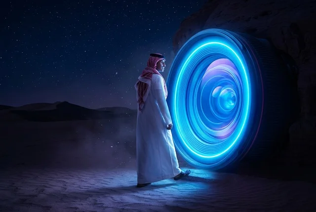 رجل سعودي في الصحراء أمام عدسة كاميرا عملاقة مضيئة