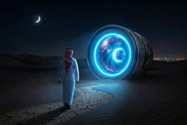 Saudi Man Walking Towards Glowing Camera Lens in Desert