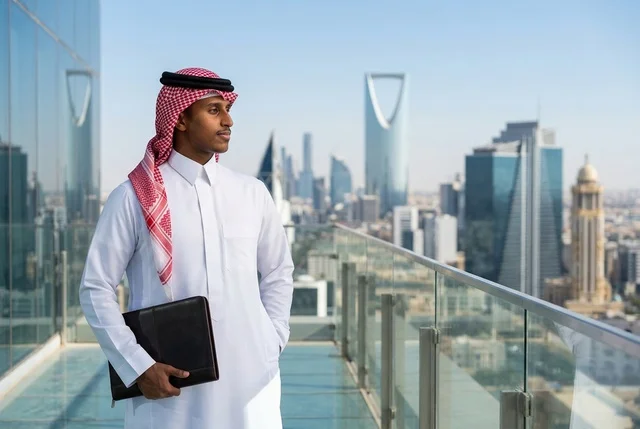 رجل أعمال سعودي على شرفة يطل على أفق مدينة الرياض