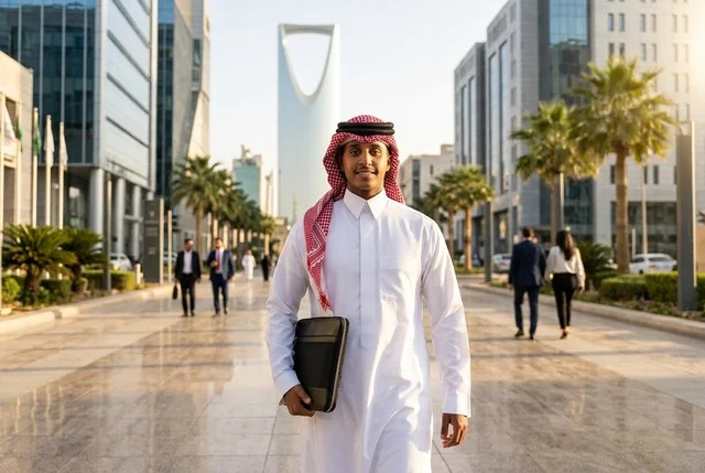 رجل أعمال سعودي بالزي التقليدي في الحي المالي بالرياض