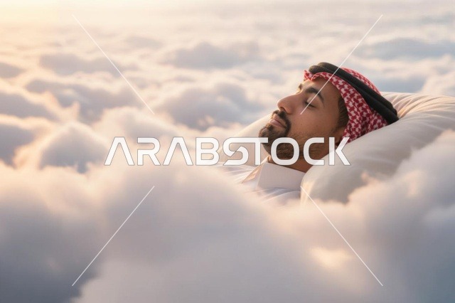 رجل سعودي يرتدي الشماغ ينام بسلام فوق الغيوم الناعمة