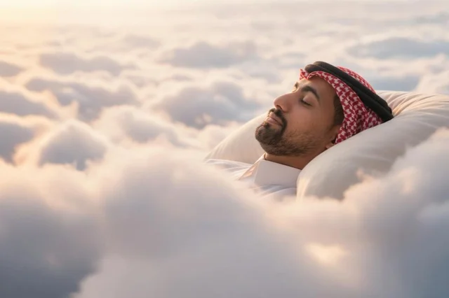 رجل سعودي يرتدي الشماغ ينام بسلام فوق الغيوم الناعمة